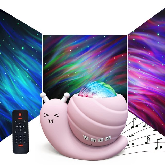 Graflsoa Pink Bluetooth Aurora Projector Lamp with Speaker, a snail-shaped indoor lighting accessory in pink, projecting vibrant northern lights patterns in multiple colors. Includes a remote control for adjusting light effects, brightness, and music playback. Ideal for creating a relaxing bedroom atmosphere.