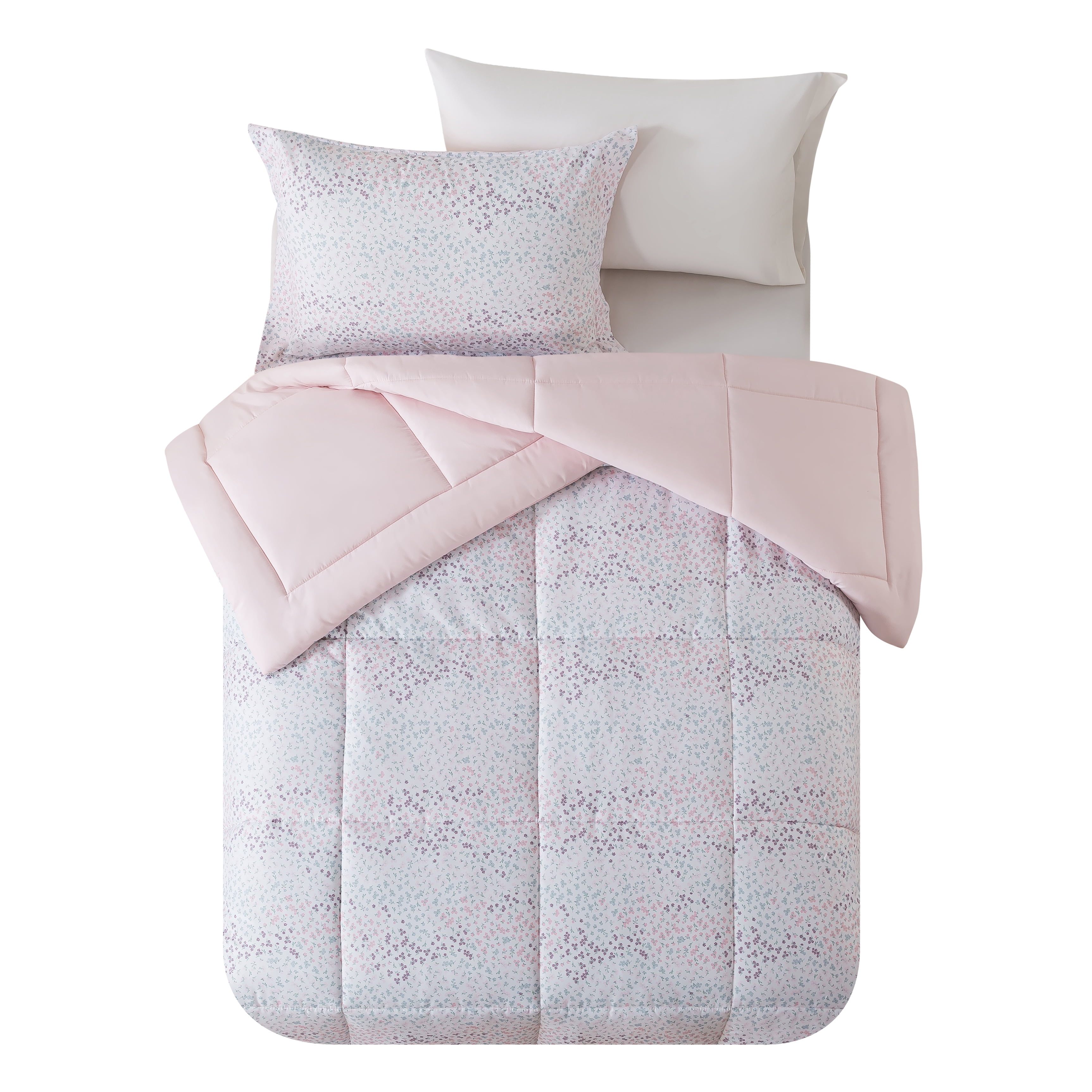 Mainstays – Ensemble de literie tout-en-un réversible avec couette et draps, 5 pièces, format simple très grand (Twin XL), rose blush