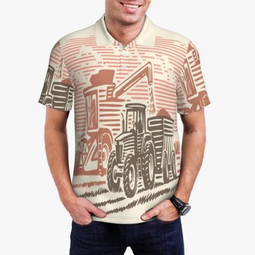 Vsdgher Combine harvester working with tractor Print Polo Shirts for Men, Men's Short Sleeve Stretch Polo Shirt, Shirts for Men-Large