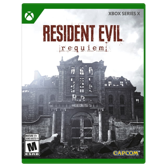 Resident Evil™ Requiem Xbox Series X game cover depicting a ruined stone police station building with broken windows, barred gates, and rubble in front under a cloudy sky, with ESRB Mature 17+ rating and Capcom logo.
