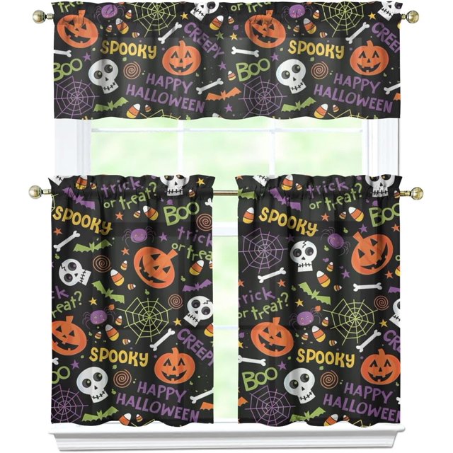 Halloween Kitchen Curtains Spooky Pumpkin Cartoon Kitchen Curtains Sets for Windows Halloween Window Valance 3 Piece Set for Kitchen Decorations