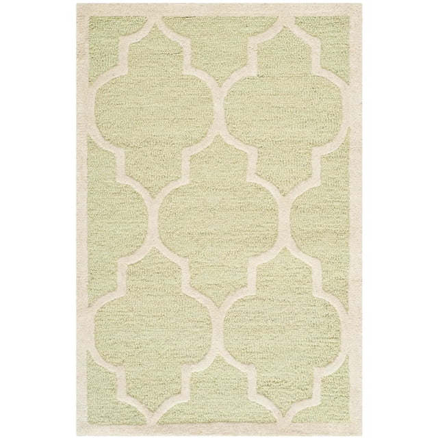 Safavieh Cambridge Kevin Geometric Area Rug made of hand-tufted wool with a textured high/low loop and cut pile in light green and cream, featuring a classic geometric trellis pattern suitable for home or office accent decor.