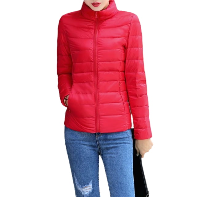 LUXUR Women Down Jackets Stand Up Collar Puffer Jacket Full Zip Coat Packable Outwear Solid Color Red 2XL