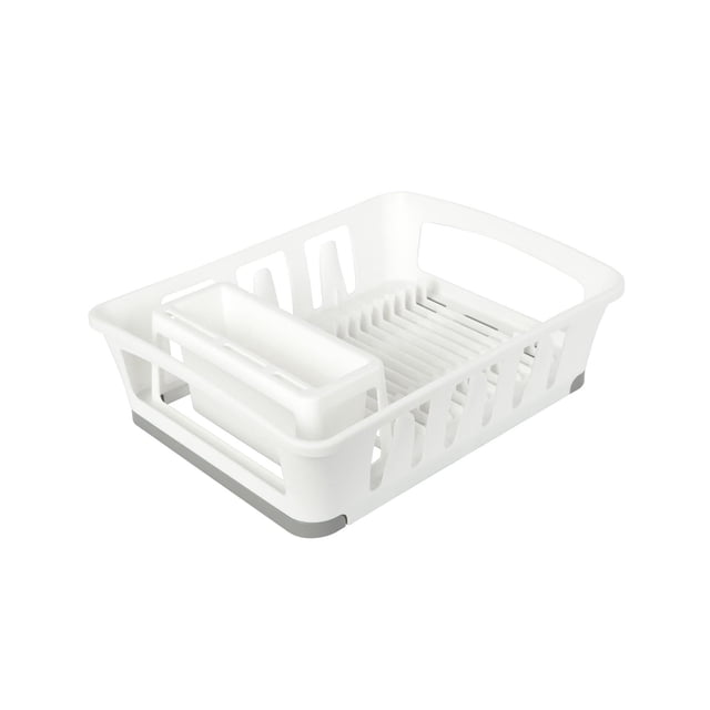 Mainstays 3-IN-1 expandable dish rack in white plastic with a slotted base holding up to 14 plates, an attached utensil holder, and gray non-slip feet, designed for kitchen countertop or sink use to enhance kitchen organization and drying efficiency.