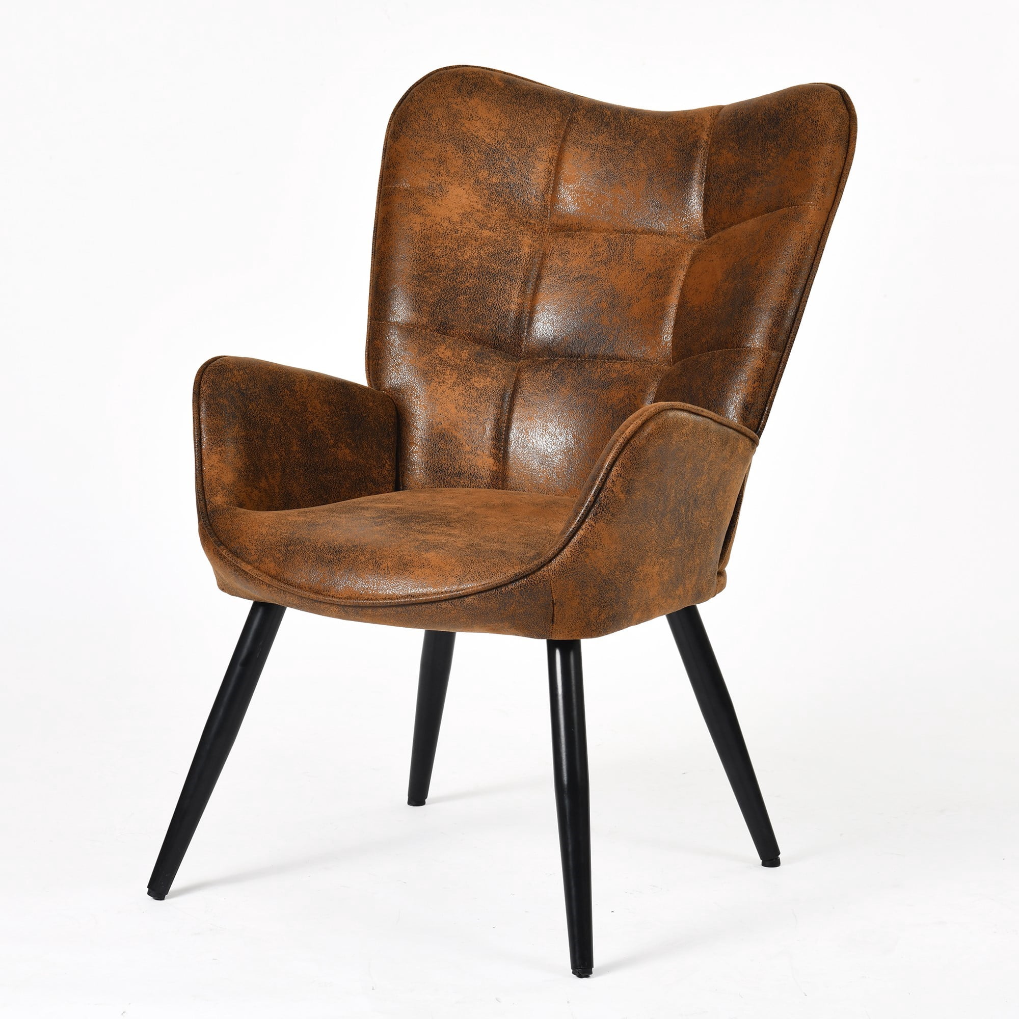 Homy Casa fauteuil d’appoint à dossier oreilles en similicuir brun, dossier capitonné et pieds en métal noir