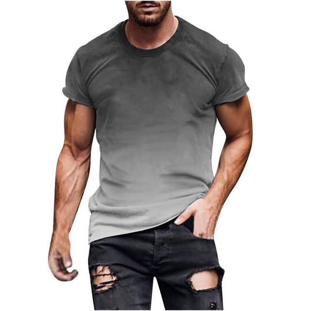 FAIWAD T-Shirt d'Été à Manches Courtes Dégradées pour Homme à Col Rond, T-Shirt Tendance Ample à Enfiler. Ce T-Shirt en polyester Léger et Respirant Présente un design Dégradé Passage des Tons Foncés aux Tons Clairs, Manches Courtes et Col Rond. la Coupe Décontractée Assure Confort et Flexibilité, le Rendant Adapté aux Sorties Décontractées, aux Entraînements Ou aux Tenues d'Été. Montré Assorti à des jeans Noirs Déchirés.