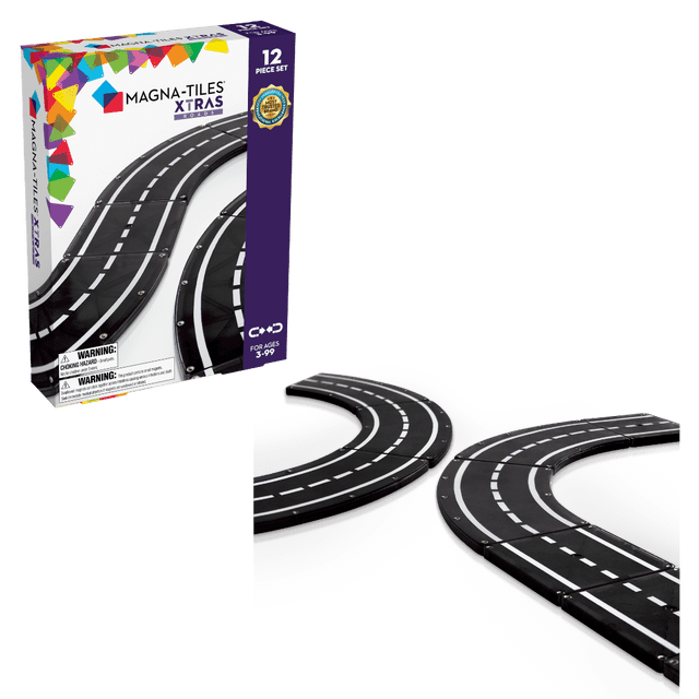 MAGNA-TILES XTRAS : Ensemble de Construction Magnétique de 12 Pcs, Comprenant 8 Tuiles de Route Courbées et 4 Tuiles de Route Carrées avec des Marquages de Voie Blancs sur une surface Noire. Conçu pour les Enfants de 3 Ans et Plus, Cet Ensemble Encourage le Jeu Imaginatif et les Habiletés de Développement comme la coordination Oeil-Main. l'Emballage Met l'Accent sur la Compatibilité avec d'Autres Ensembles MAGNA-TILES et la Durabilité pour une Utilisation Prolongée. l'Image Affiche la Boîte et un Gros Plan des Tuiles de Route