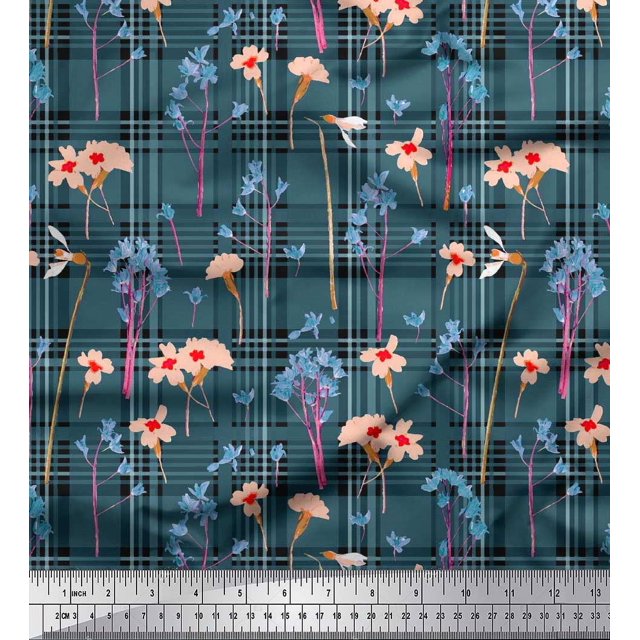 Soimoi Modal Satin Fabric Floral & Check Decor Fabric Printed Yard 42 Inch Wide