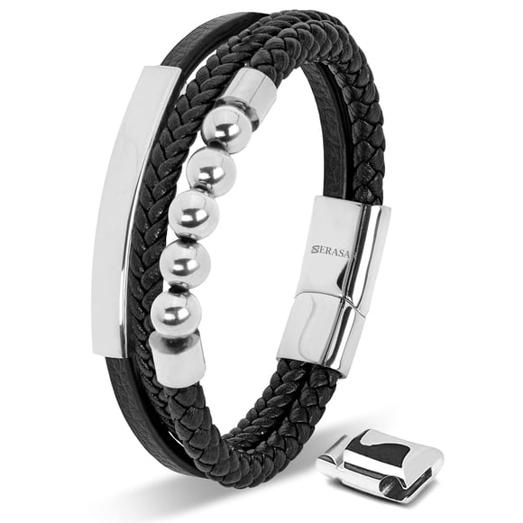 SERASAR Men's Premium Leather Bracelet "Pearl" with stainless steel magnetic closure, Silver 23cm, including gift box