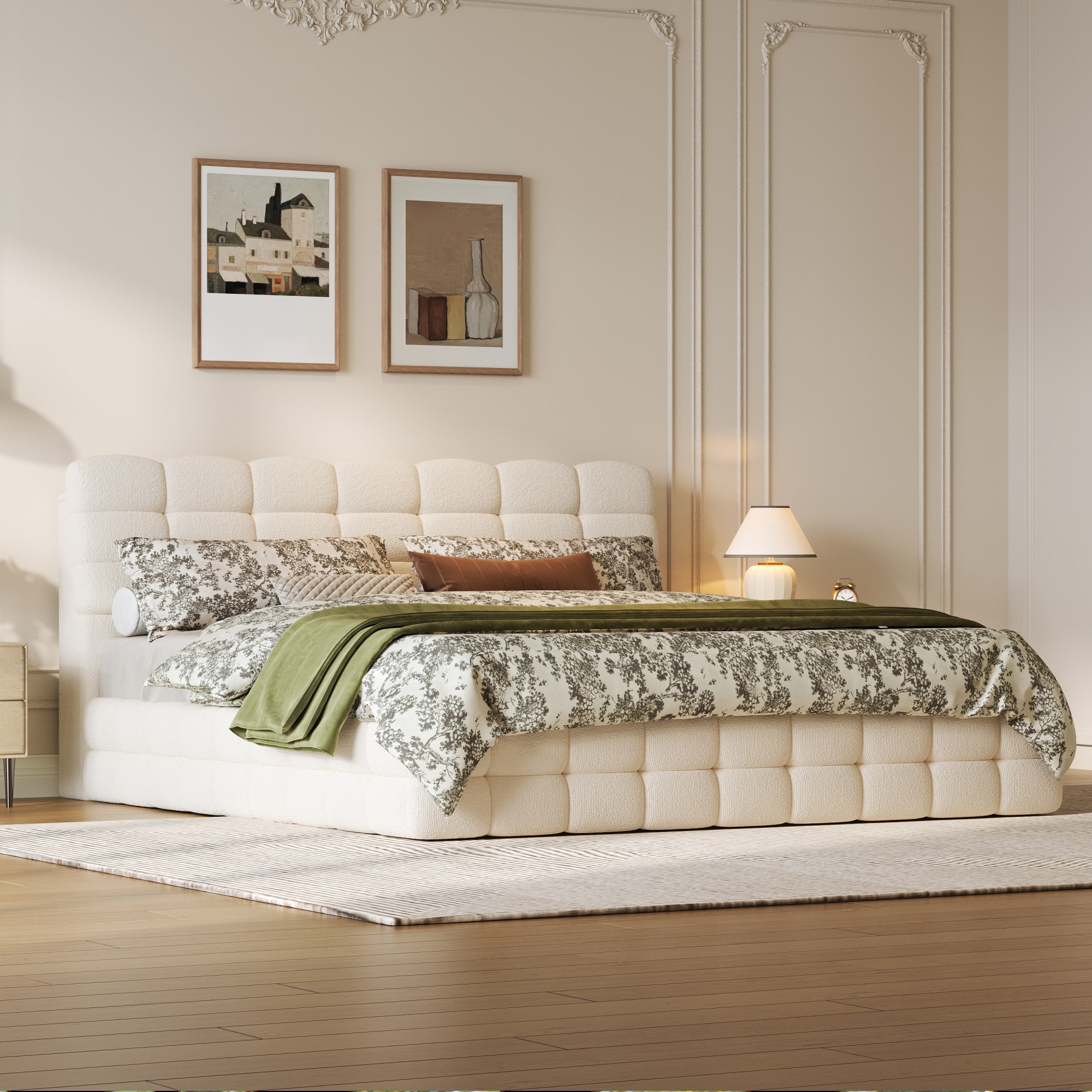 Noble House Cadre de Lit Grand avec Rangement avec Levage et Rangement Hydraulique, Lit Plateforme en Bouclé avec Tête de Lit Capitonnée et Lattes de Bois, Blanc Crème