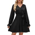 thumbnail image 1 of Vente de Liquidation Robes d'Été pour Femmes 2023 Robe à Manches Courtes de Couleur Unie Col en V Midi Évasée Mode Élégante Fête Boîte de Nuit Vacances Plage Bord de Mer Bal de Rentrée Ligne A Ourlet Évasé Robe Plissée, 1 of 5