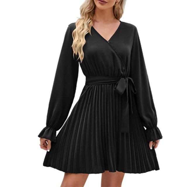 Vente de Liquidation Robes d'Été pour Femmes 2023 Robe à Manches Courtes de Couleur Unie Col en V Midi Évasée Mode Élégante Fête Boîte de Nuit Vacances Plage Bord de Mer Bal de Rentrée Ligne A Ourlet Évasé Robe Plissée