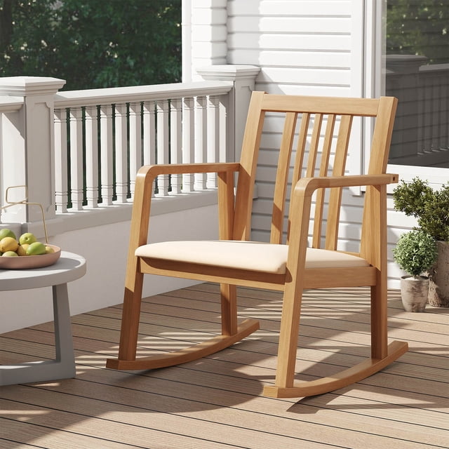 Costway 1 PCS Rocking Chair with Cushioned Seat, Slatted Back & Curved Armrests for Living Room Natural + Beige