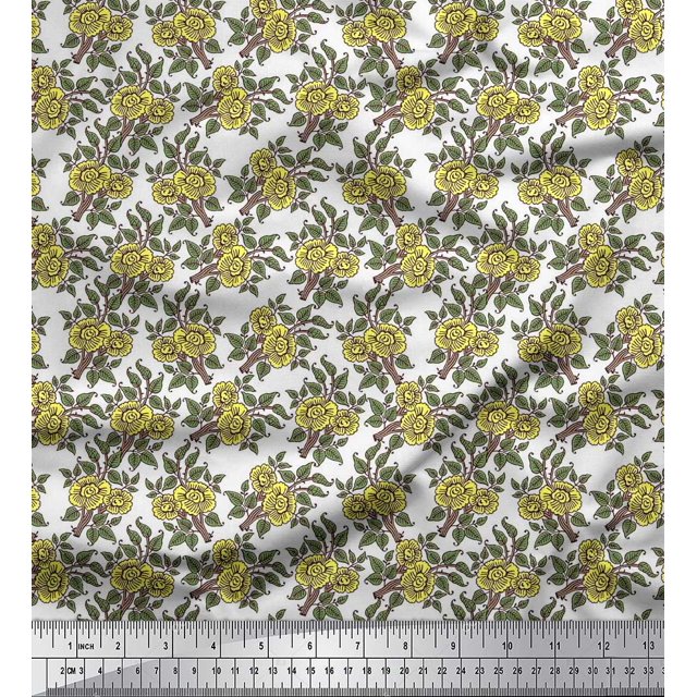 Soimoi Poly Georgette Fabric Leaves & Floral Block Printed Craft Fabric by The Yard 42 Inch Wide