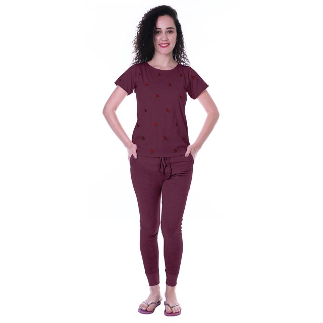 Moomaya Nightwear Set Watermelon Embroidery Slimfit Pyjamas Sleepwear 2 Pcs Set