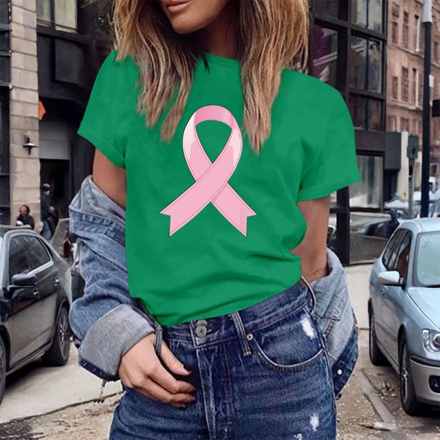 UANWENN T-Shirts Décontractés pour Femmes avec Imprimé Ruban de Sensibilisation au Cancer, Manches Courtes, Col Rond, Style de Base pour le Quotidien, Hauts pour Femmes à Manches Courtes, Chandail Léger Décontracté pour Femmes, Haltérophilie, Long