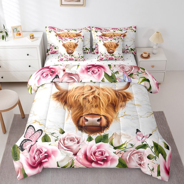 YST Ensemble de Douillette 7 Pcs Taureau des Highlands, Marbrure de Fleurs Colorées, Lit en Sac, Format Double