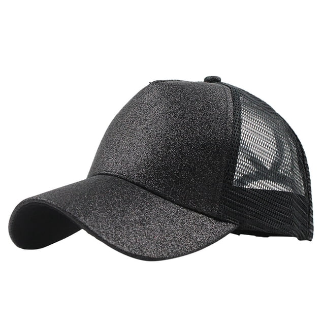 Baseball Cap Display Ponytail Messy Buns Trucker Plain Baseball Visor Cap Unisex Glitter Hat in black with a glitter finish. Designed as a women's baseball cap, it features a mesh back panel for breathability and a ponytail slot measuring 3 x 5 inches, ideal for messy buns or high ponytails. Adjustable fit with hook and loop fastener, suitable for head circumferences of 52-65 cm.