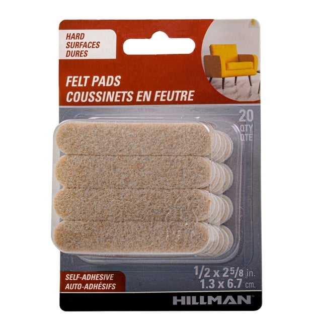 Bandes de Feutre 1/2 Pouces X 2-5/8 Pouces Avoine 20 Pcs Tampons de Feutre Autocollants Couleur Avoine, Bandes Rectangulaires dans un Emballage en Plastique Transparent avec Étiquette Hillman Quincaillerie Essentiels, Conçues pour Protéger les Planchers Durs comme le Bois Franc et le Carrelage en Réduisant la friction et le Bruit des Pieds de Meubles, Convenant Aussi à une Utilisation sur les surfaces en Bois, Stratifiées et en Vinyle.