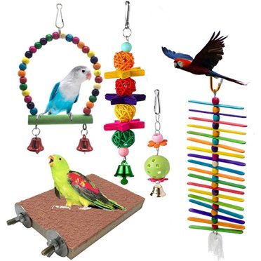 Bird Toys, 5 Pieces Chew Toys, Swing Perch Wooden Beads Ball Bell for Parrots, P