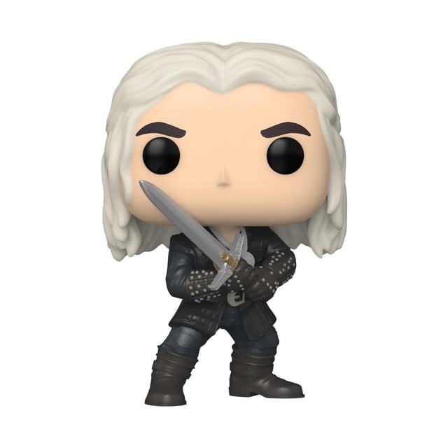 Funko Pop! TV: Witcher S2 - Geralt (SZN 3) - Vinyl Figure showing front-facing Geralt with white hair, black studded armor, brown boots, and crossed silver sword, suitable for action figure collectors and Witcher fans.