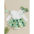 thumbnail image 4 of Diconna Barboteuse-Robe à Manches Longues pour Bébé Fille, Imprimé Trèfle, à Volants, avec Bandeau, Journée Irlandaise, 4 of 9