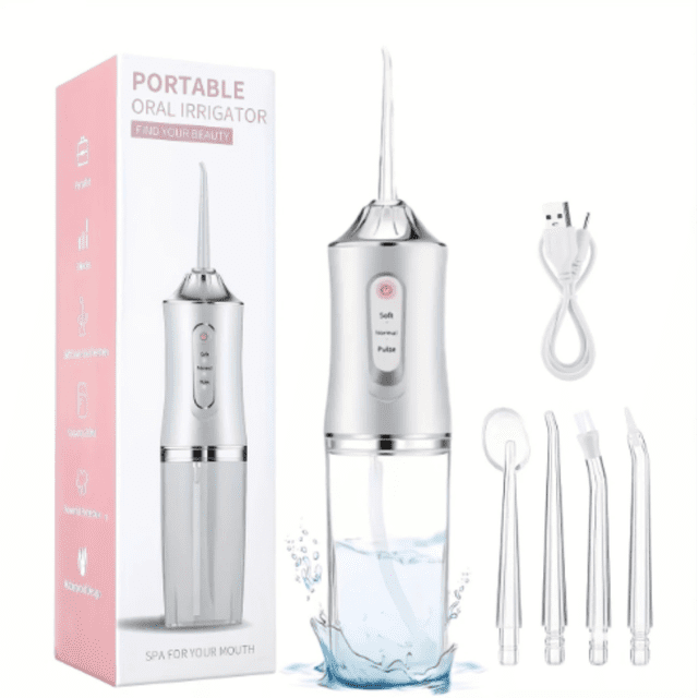 Home Use Electric Dental Flosser with 3 Modes (Gentle/Normal/Pulse), Portable ABS Oral Irrigator, 4 Replacement Nozzles, USB Charging Cable & Manual Included, Lightweight 0.3KG, Compact Size 21×5.8cm