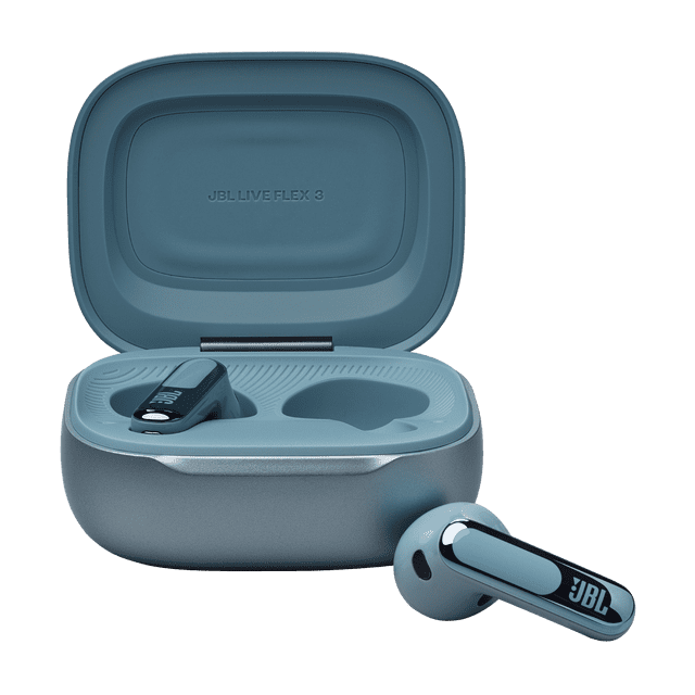 JBL LIVE FLEX 3 Véritables Écouteurs Sans Fil à Réduction de Bruit à Tige Ouverte avec Audio Haute Résolution dans un Étui de Recharge Intelligent Bleu-Gris, un Écouteur à l'Intérieur et un à l'Extérieur, avec le logo JBL sur la Tige et une Finition Mate, Idéal pour un Son Immersif et des Appels Clairs.