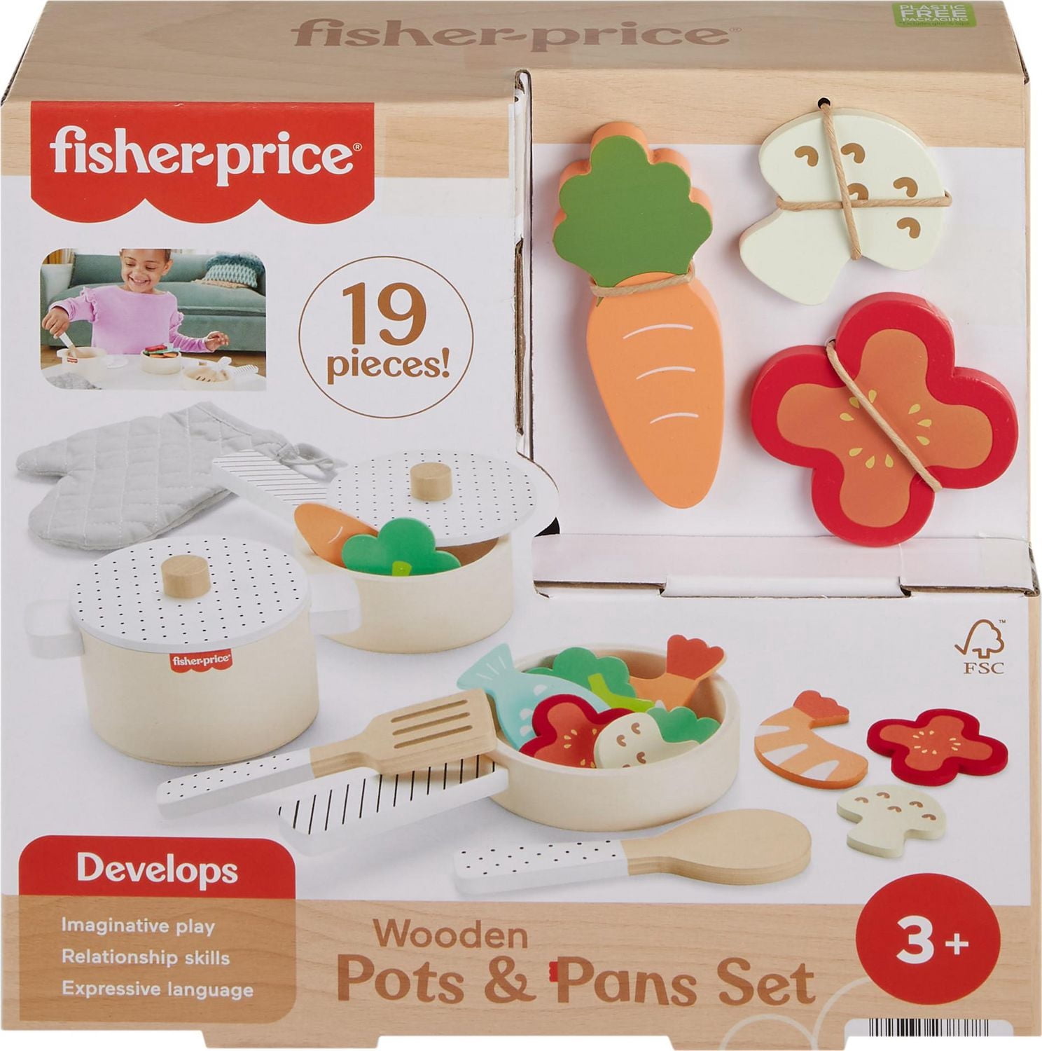 Fisher-Price Wooden Kitchen Pots & Pans Set, 19 Wood Pieces for Preschool Pretend Play, Ages 3+ Years