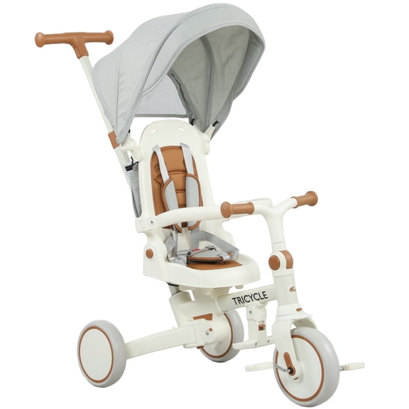 Qaba Tricycle 7 en 1 pour Tout-Petit avec Guidon Parental Ajustable, Blanc Crème