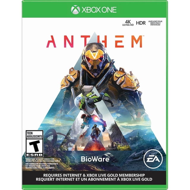 Anthem Xbox One game cover Mettant en Vedette un Grand Exosquelette de Javelot Jaune et Noir avec Visière Rouge Centrée au-Dessus d'Une Scène Triangulaire de Trois Plus Petites Combinaisons de Javelot au combat dans un Paysage Montagneux Détaillé, avec Image de Marque Xbox One, logos 4K Ultra HD et HDR, BioWare et logos EA, et Cote Ado ERB.