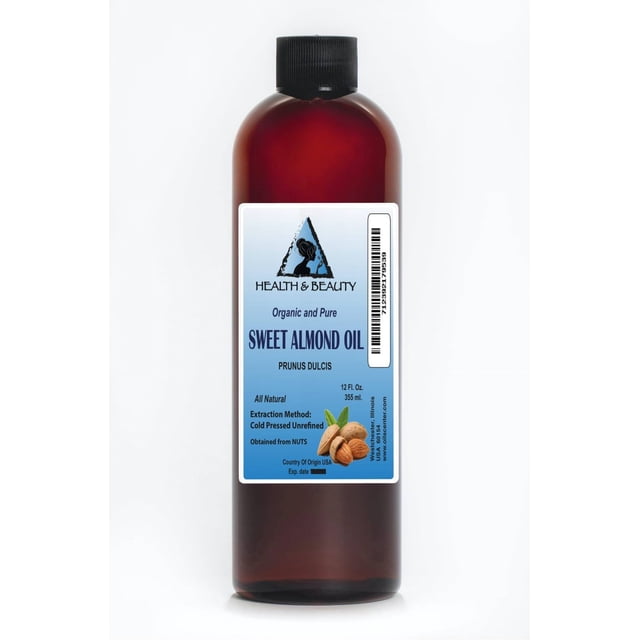 Huile d'Amande Douce Biologique Non Raffinée Pressée à Froid 100 % pure 12 oz par Health & Beauty. le Produit Est Emballé dans une Bouteille en Plastique Ambre de 12 oz avec un Bouchon à Vis Noir et une Étiquette Bleue Affichant le logo de la Marque, le Nom du Produit et des Détails. l'Huile Est Pressée à Froid, Non Raffinée et Faite à Partir d'Ingrédients Biologiques Sans Additifs Ni Transporteurs. Convient pour Hydrater la Peau, le massage, la Fabrication de Savon et d'Autres Usages de Soins Personnels. l'Huile Jaune Pâle à Jaune Doré Est