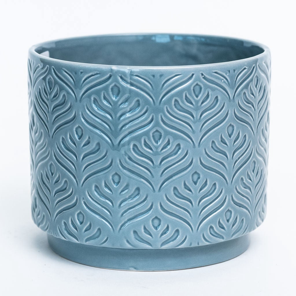 Set of 12 Blue Glazed Peacock Feather Design Planter
