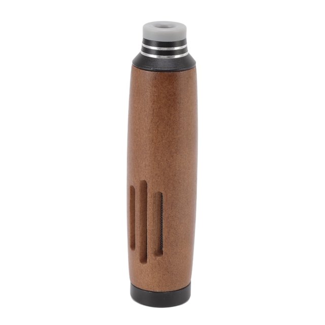 Handheld Mini Car Ashtray by Estink, featuring a compact cylindrical design with a walnut finish, aluminum alloy accents, and rubber components. The ashtray has a large capacity compartment capable of storing ashes from approximately 10 cigarettes. Includes two spare rubber covers for compatibility with various cigarette sizes. Lightweight at 50g (1.8oz), it is portable and designed to prevent soot leakage. Ideal for car interiors.