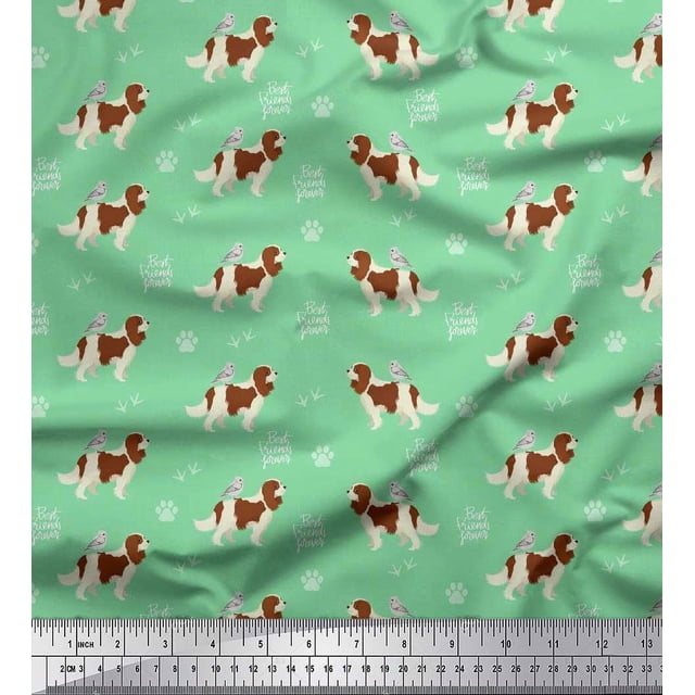 Soimoi Green Rayon Fabric Bird,Paw & Cocker Spaniel Dog Fabric Prints By Yard 56 Inch Wide