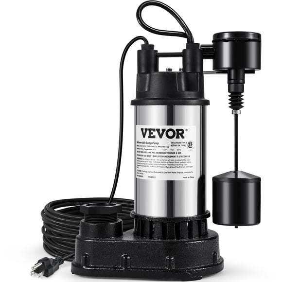 VEVOR Sump Pump, 1.5 HP 6000 GPH, Submersible Cast Iron and Stainless Steel Water Pump, 1-1/2" Discharge with 1-1/4" Adaptor, Automatic Vertical Float Switch, for Indoor Basement Water Basin