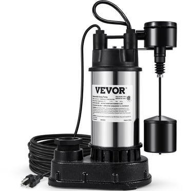 VEVOR Pompe de Puisard, 1,5 HP 6000 GPH, Pompe à Eau Submersible en Fonte et Acier Inoxydable, Décharge 1-1/2 Pouces avec Adaptateur 1-1/4 Pouces, Interrupteur Flottant Vertical Automatique, pour Bassin d'Eau Intérieur de sous-Sol