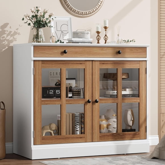 35.4 in Sideboard Buffet Cabinets with Glass Door, Buffet Cabinet with Storage, White&Brown Sideboard Cabinet with Drawer, Modern Buffets & Sideboards for Dining Room, Kitchen
