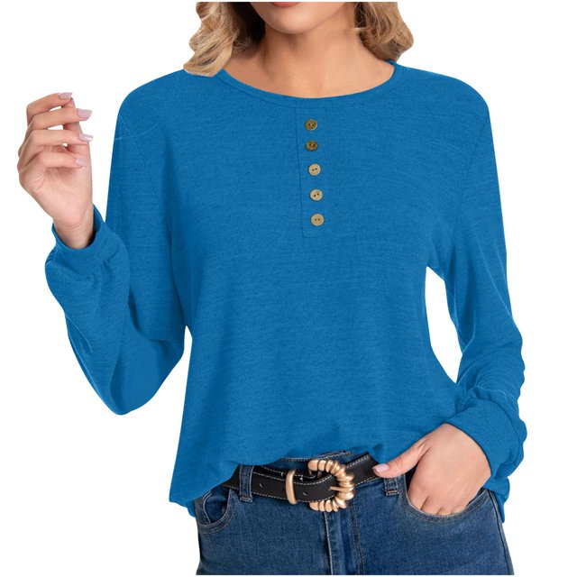 lcziwo Chandails à Col Rond pour Femmes, Couleur Unie, Manches Longues, Tunique Boutonnée, Automne Hiver, Chandail Décontracté Ample, Léger et Confortable, Chandail 2024, Hauts pour Femmes, Bleu, G