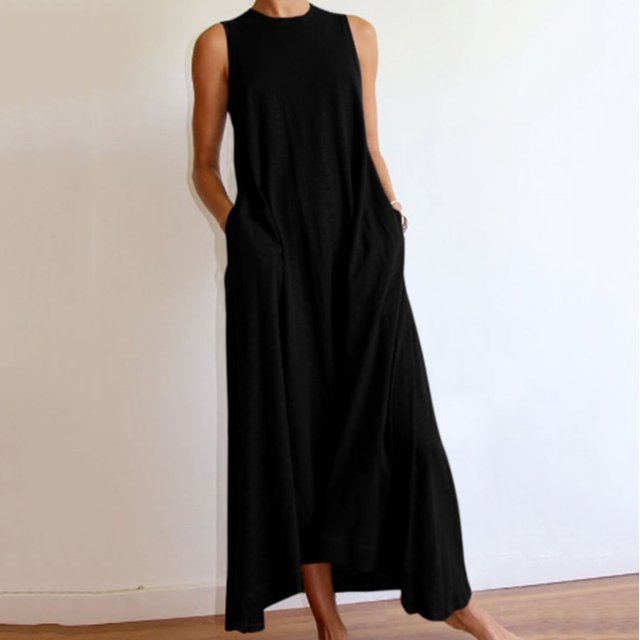 Aqestyerly Robe d'Été Sans Manches à Col Rond pour Femme, Robe de Mode Décontractée Unie pour le Quotidien, les Voyages et la Détente HWRETIE