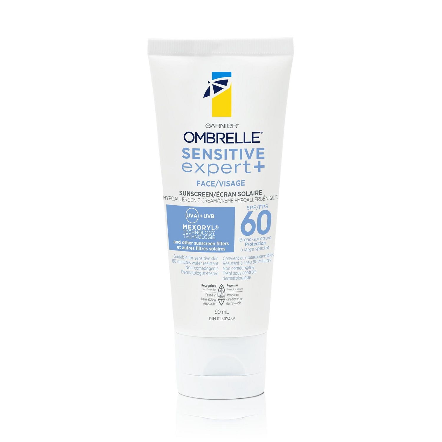 Garnier Ombrelle Sensitive Expert+ Écran solaire visage FPS 60, testé par des dermatologues, peaux sensibles, hypoallergénique, non gras, sans parfum, protection à large spectre UVA/UVB, 90ml