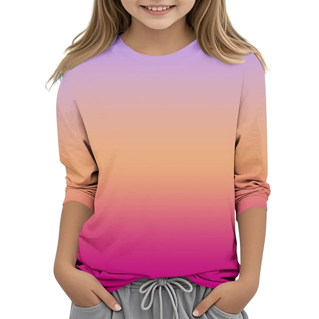 2025 Filles T-Shirts Décontractés Manches 3/4 Col Rond Tops d'Été T-Shirts Unis Blouses d'Automne Chandail Tops Rose Vif