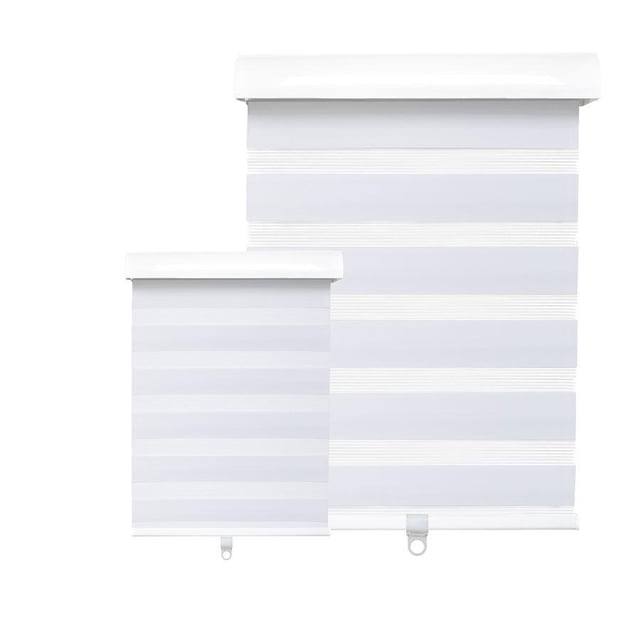 Hauz 1836WHTCD - 18'' X 36'' Alternate Canvas Window Shade, Cordless, White. A pair of light-filtering roller blinds with alternating white and translucent stripes, featuring a cordless design for flexible privacy and light adjustment. The shades are shown rolled down, with a neat valance at the top for a clean appearance. Suitable for installation on the window frame, inside the window, or on the ceiling.