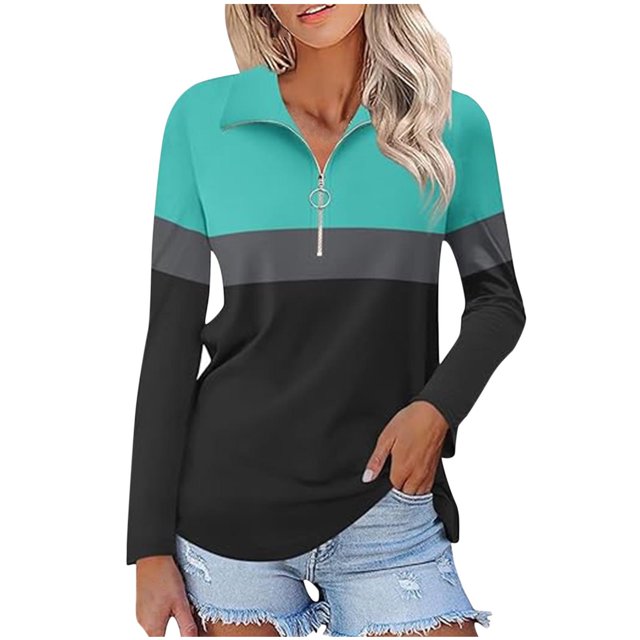 Plebaso Chemises à Manches Longues pour Femmes à Blocs de Couleur Quart Zip Hauts Décontractés Col Pull Blouses pour Femmes