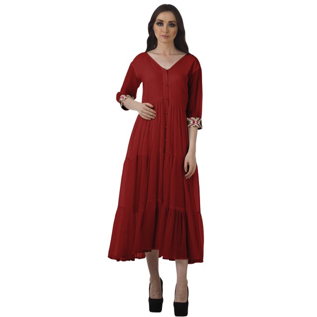 Moomaya Robe Maxi à Étages à Col en V Boutonnée pour Femmes, Robe de Soirée