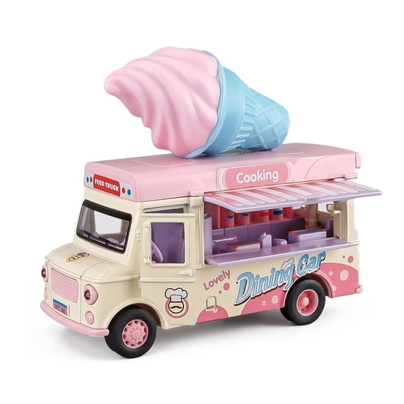 Funtogether Toys Magnetic Induction Pink Ice Cream Truck, Pull Back Die Cast Alloy Toy with Lights & Music, Opening Doors Pretend Play Food Truck for Toddlers Ages 3+