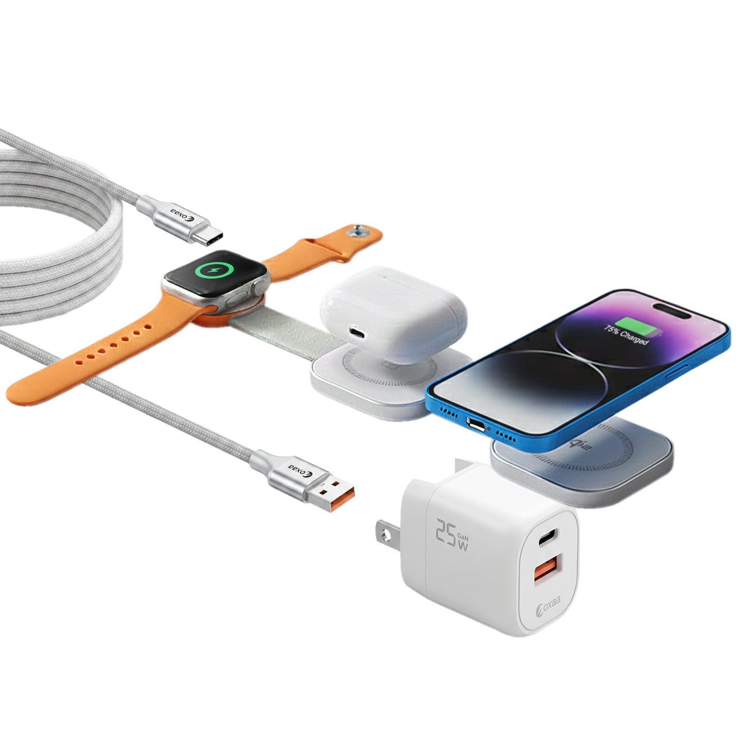 OXAA 3-in-1 Foldable Wireless Charging Station, Qi2 Certified 15W MagSafe Compatible, for iPhone 17/16/15/14/13/12, Apple Watch & AirPods, with 25W Adapter Included
