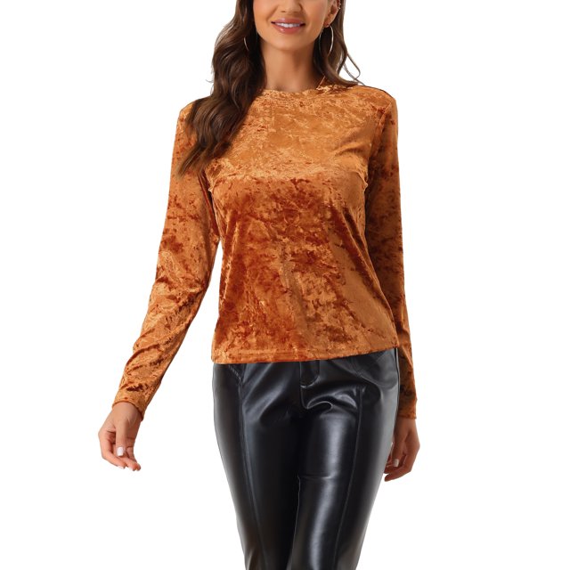 INSPIRE CHIC T-Shirts en Velours pour Femmes Col Rond Manches Longues Décontracté TG Brun Néon