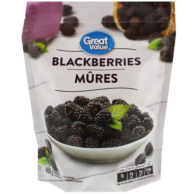 Great Value Frozen Blackberries in a 400 g resealable bag with a white bowl of frozen blackberries and green leaves on the front, suitable for smoothies, baking, and as a garnish for yogurt or oatmeal.
