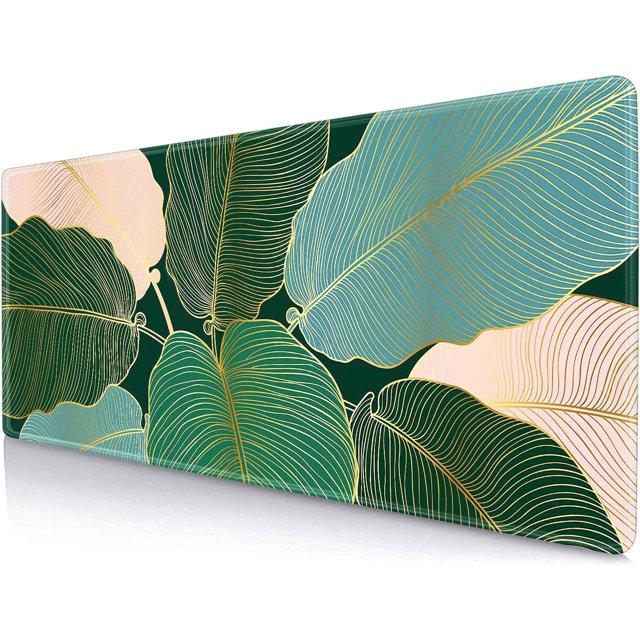 Desk Pad, Keyboard Mouse Pad, Large Anti-Slip Rubber Base Mousepad with Stitched Edges, Extended Long Mice Pad for Computer,Laptop,Work,Office, 31.5 X 11.8 Inch, Gold Green Leaves Line Art